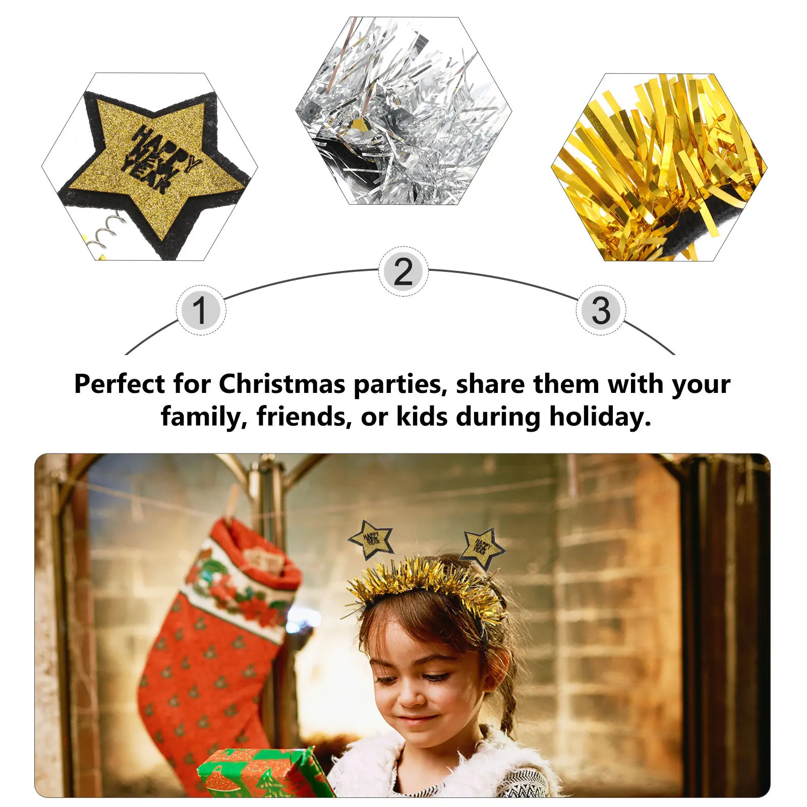 

2pcs Five-Pointed Star Headband Christmas Hair Hoop Holiday Party Decor Xmas Headdress Family Gift Sparkling Snow Theme