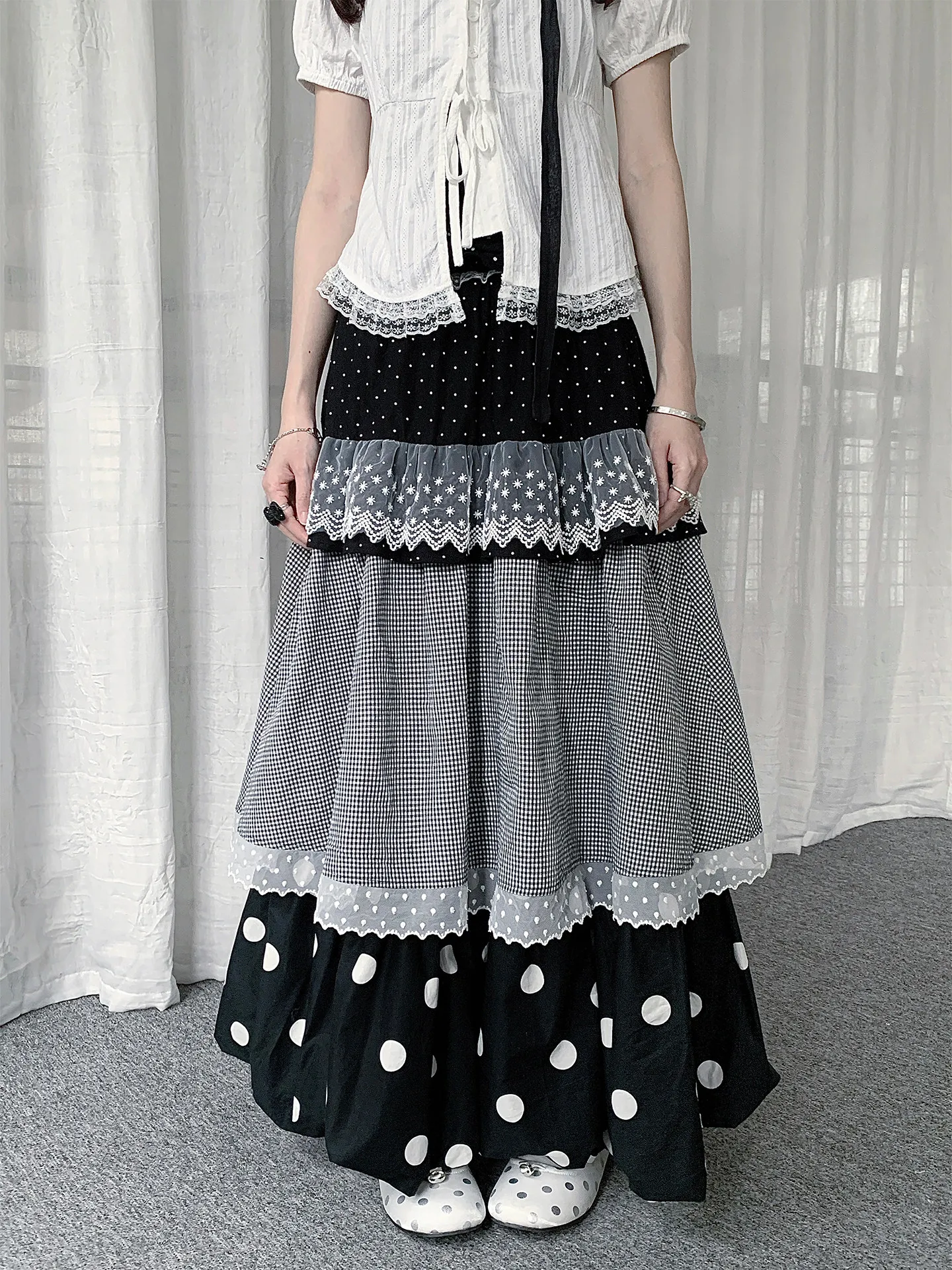 Japanese Polka Dot Lace Plaid Cake Skirt Women Subculture Y2K Long Skirt Vintage Sweet High Waist Design Skirts