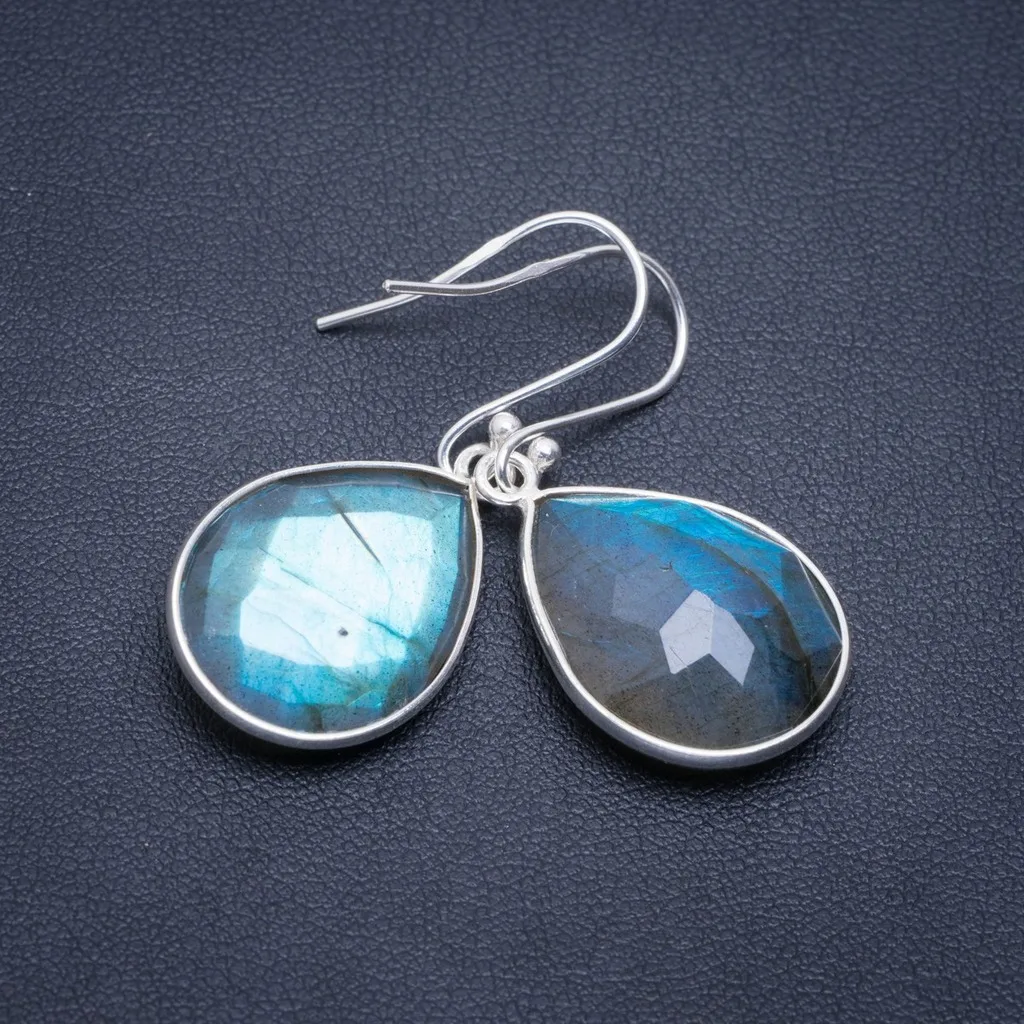 Natural Blue Fire Labradorite Handmade 925 Sterling Silver Earrings 1.25