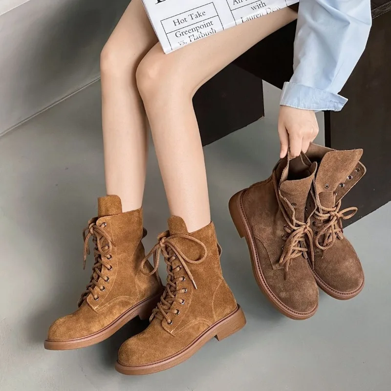 Retro Women Thick-soled Short Boots Cowhide Two-wear Female Motobike Knight Boots Biker Shoes Lace-up Suede Booties