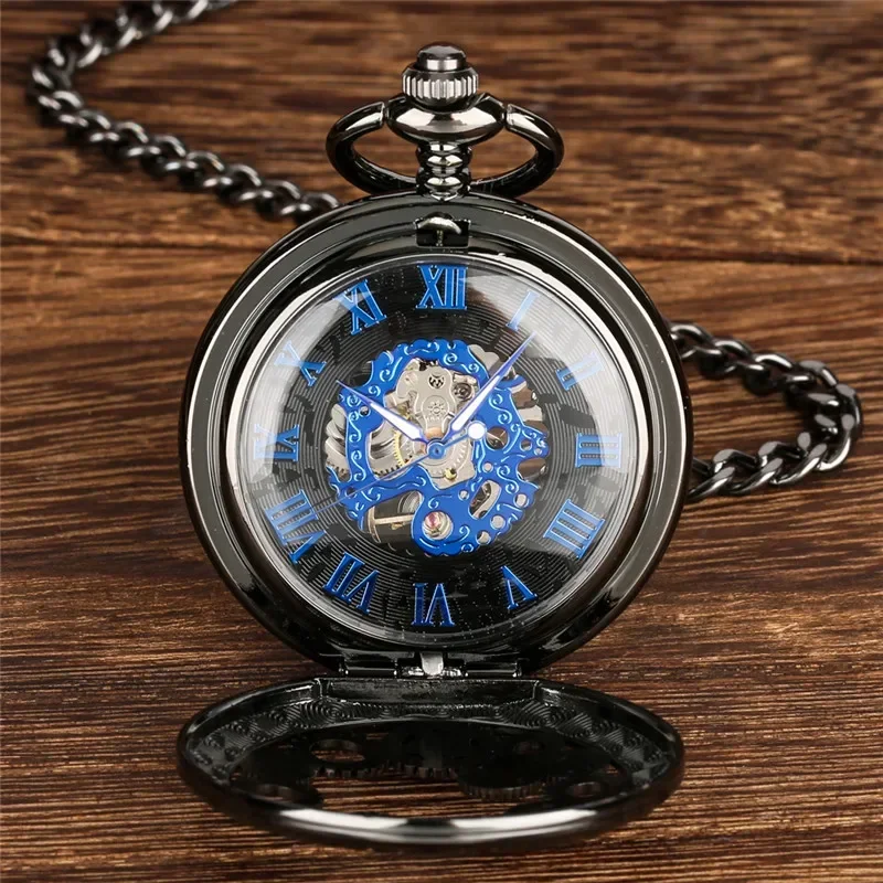 Antique Pocket Watch Black Hollow Gear Cover Hand Winding Mechanical Clock Pendant Chain Luminous Hands Antique Timepiece