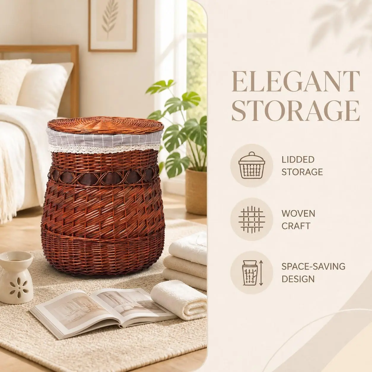 Wicker Laundry Hamper with Lid, Plant Fiber Clothes Basket for Bedroom Storage & Organization, New Chinese Style, Round Brown Ri