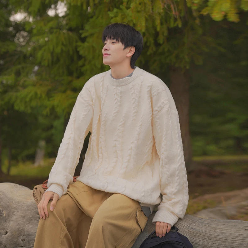 

Japanese Sle Men's Knitted Sweater Spring Autumn Loose Lazy Sle Knitwear Faionable Casual round Ne Long Sve Top