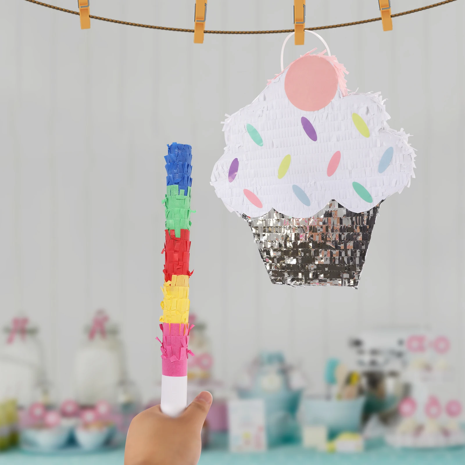 

Ice Cream Birthday Pinata Cupcake Donut Cake Ice Cream Waffle Pinata Small Drawstring Pinata with Stick Eye Mask for Kids Girls