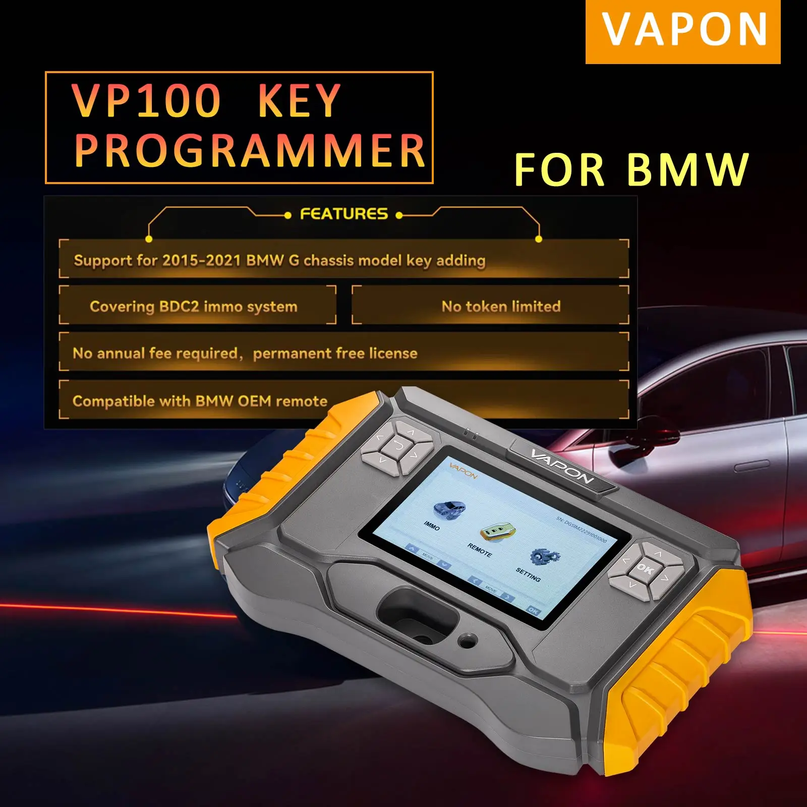 

Программатор ключей VAPON VP100 2025 года, поддержка 2015-2021 для BMW G, модель шасси, ключ, добавка, не ежегодная плата, жетон не требуется