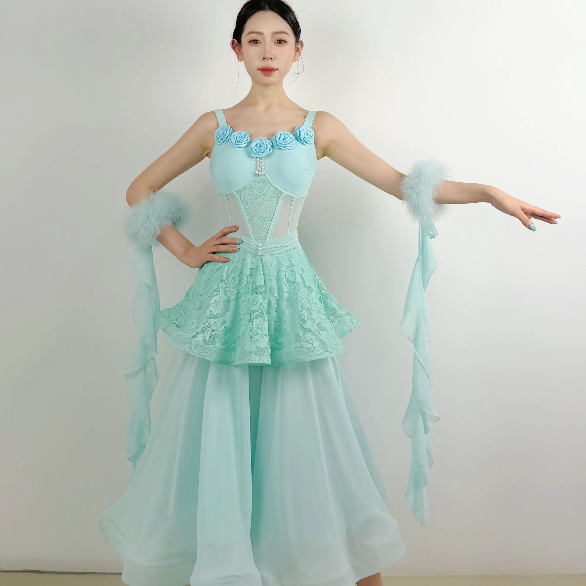 New Ballroom Dance Clothes Blue Lace Flowers Long Dress Waltz Dance Performance Dress Prom Tango Dance Competition Dress BL19940