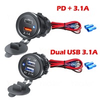 PD USB Fast Car Charger Socket Waterproof 12V-24V Power Outlet Cigarette Lighter Adapter with LED Light for Car Truck ATV Boat