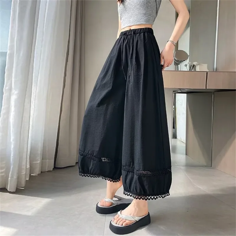 2026 Korean Fashion Woman Clothing Black Trousers Summer Women Elegant Lace Patchwork White Wide Leg High Waisted Pants