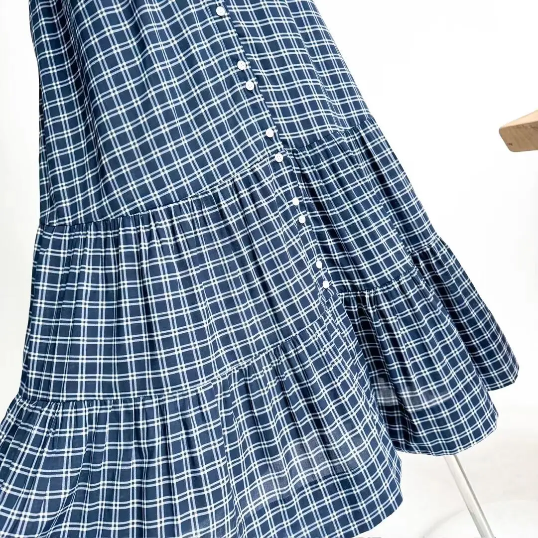 2024 Early Spring New Countryside Style Bubble Sleeves Retro Classic Blue Checkered Long sleeved Women's Dress