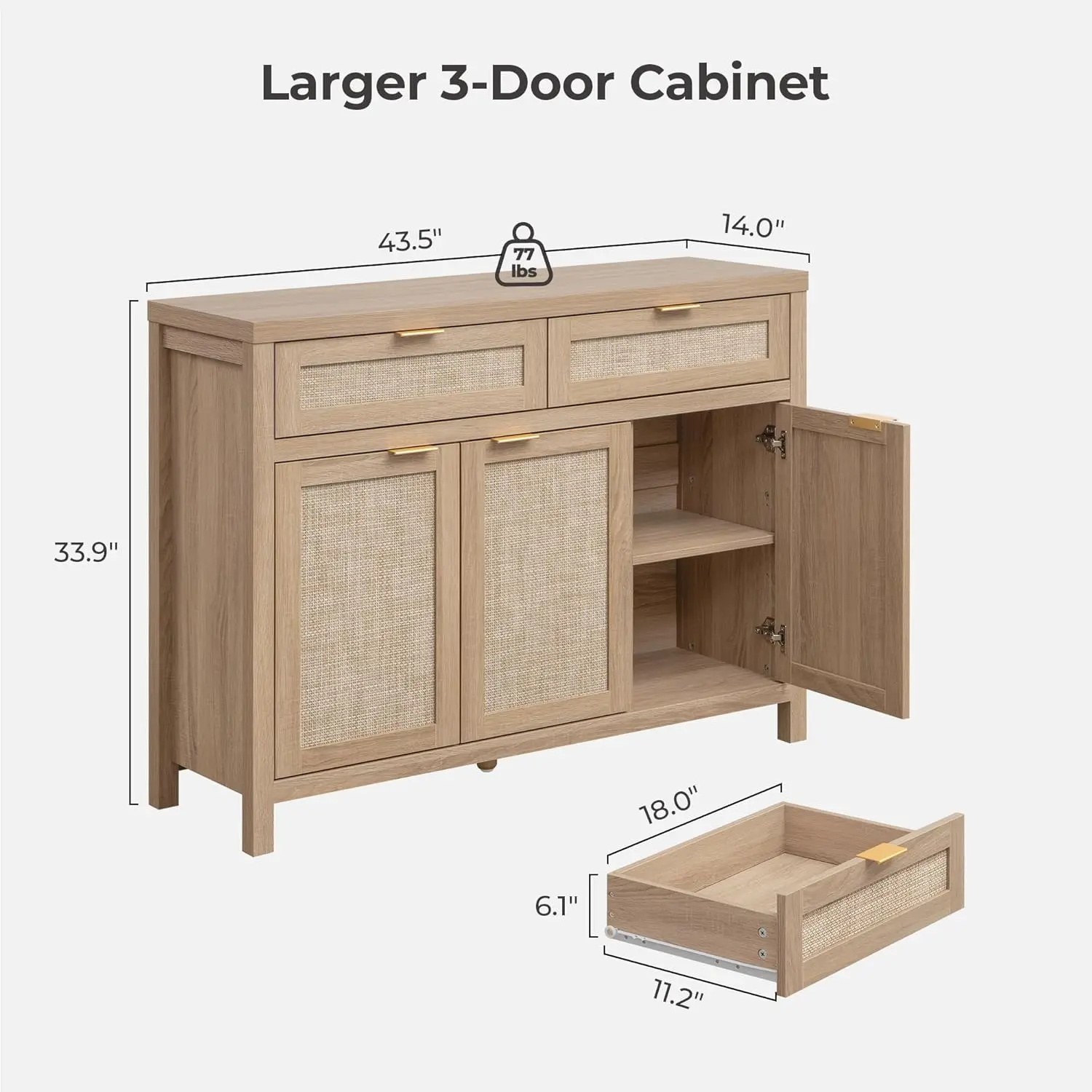 Credenza in rattan con 3 ante e 2 cassetti, credenza Boho per cucina o soggiorno, rovere chiaro