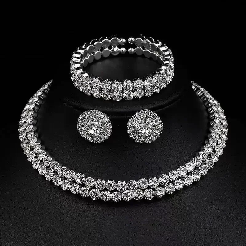 Sparkling Rhinestone Jewelry Set 1/3Pcs Shiny Necklace Earrings Bangle for Women Wedding Guest Dress Matching Party Accessories