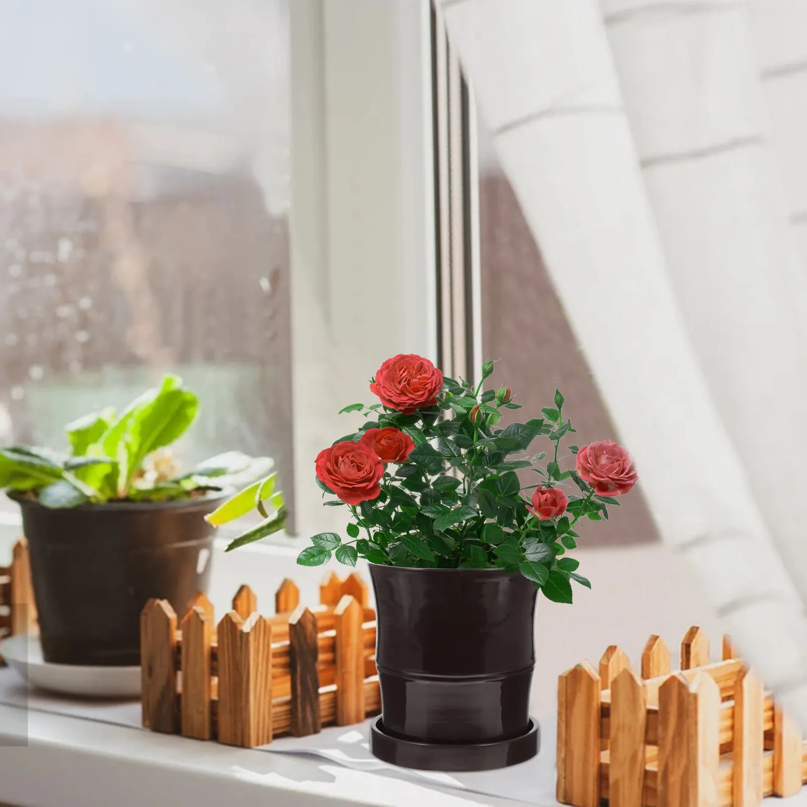 Bamboo-Style Plastic Plant Pots with Drainage Holes for Succulents, Herbs, Indoor, Balcony & Office Decoration
