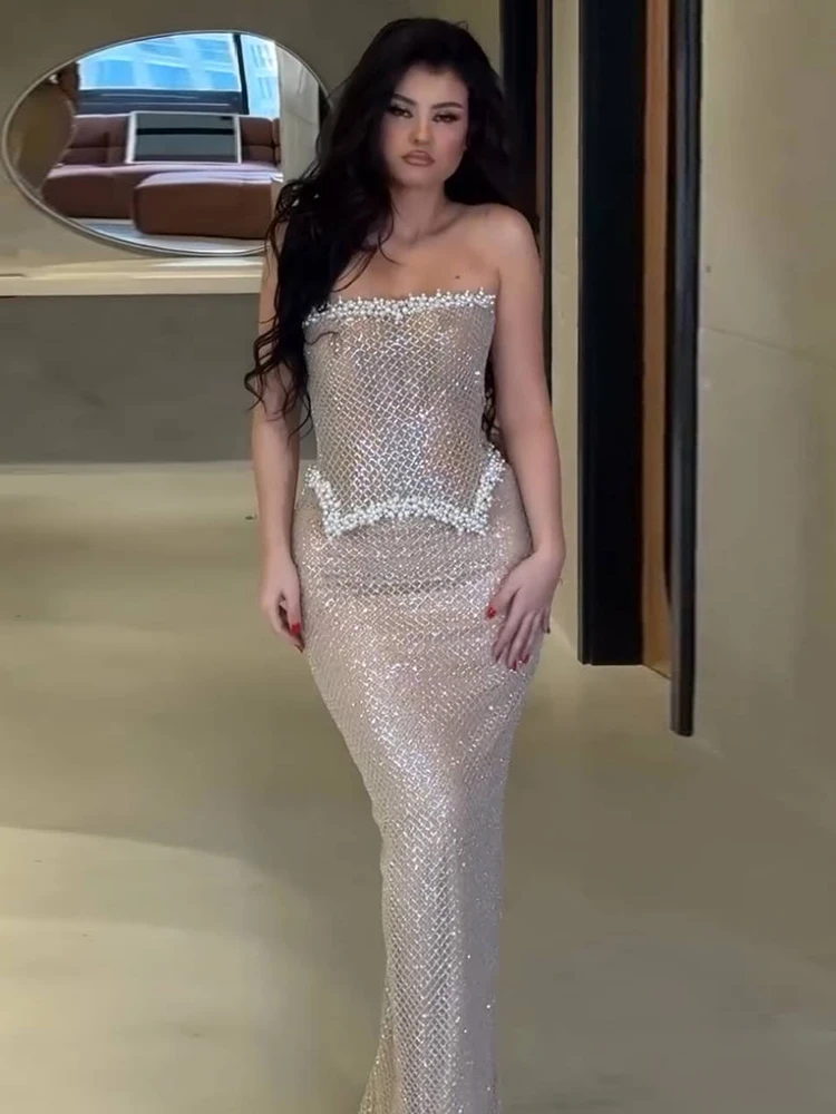 Vc luxo reunião allure bege frisado & lantejoulas sem alças sem costas vestido de noite festa baile maxi vestido