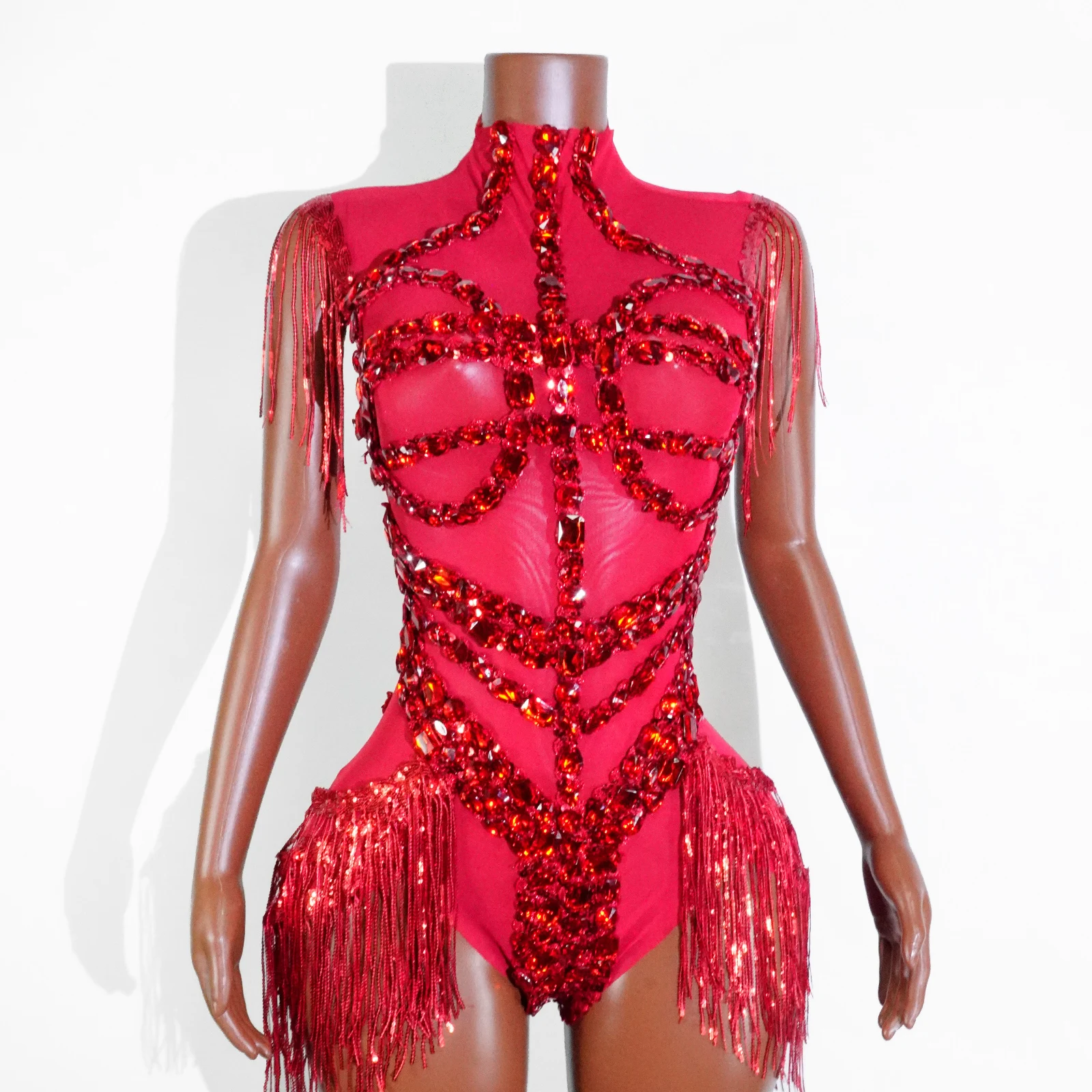 Zwarte pailletten franjes turnpakje mesh doorzichtige party bodysuit dames glittersteentjes nachtclub prom gogo dans podiumoutfits