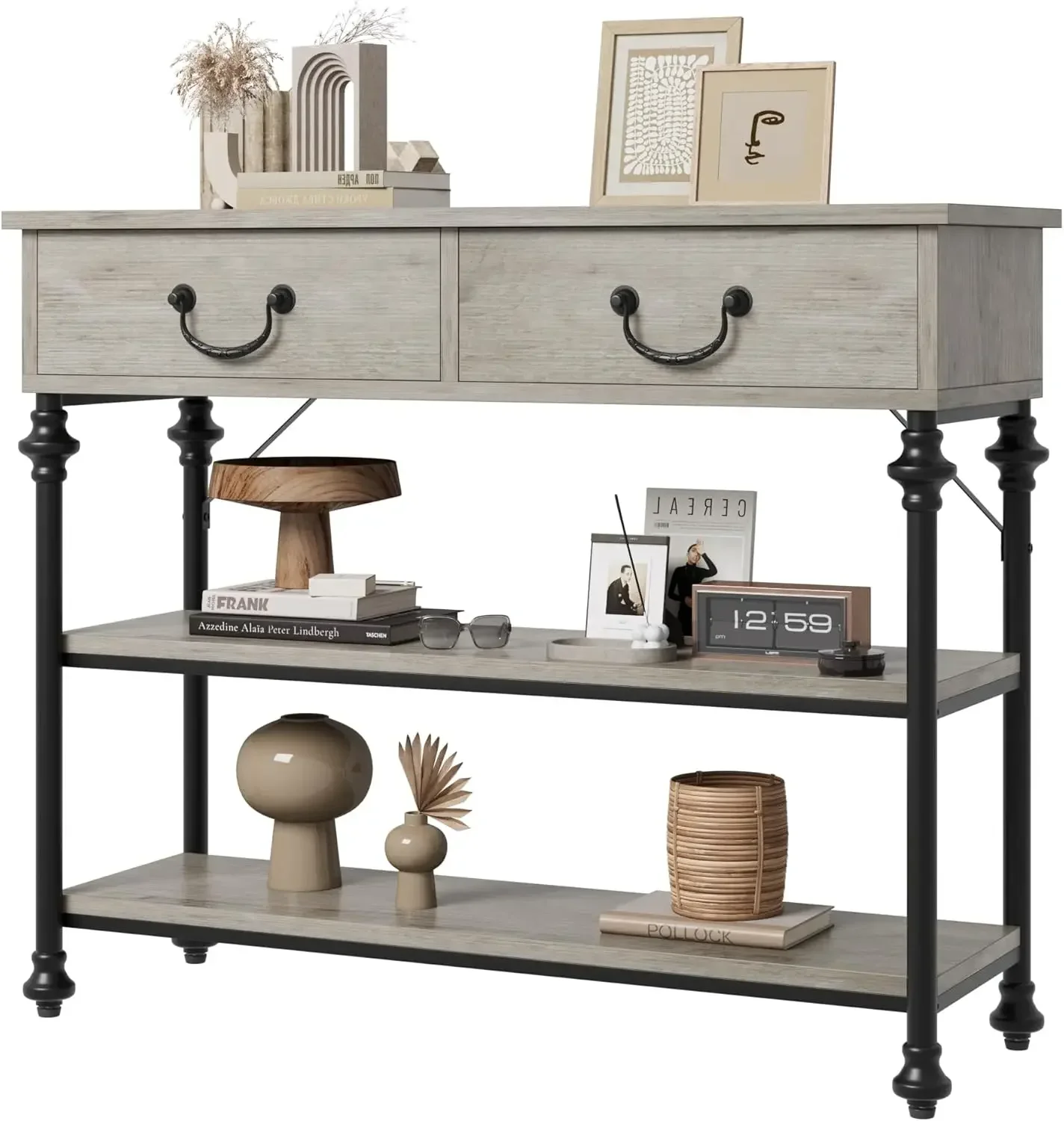 Mesa de entrada pequeña con 2 cajones, mesa consola estrecha con estantes de almacenamiento para sala de estar, mesas consola para entrada