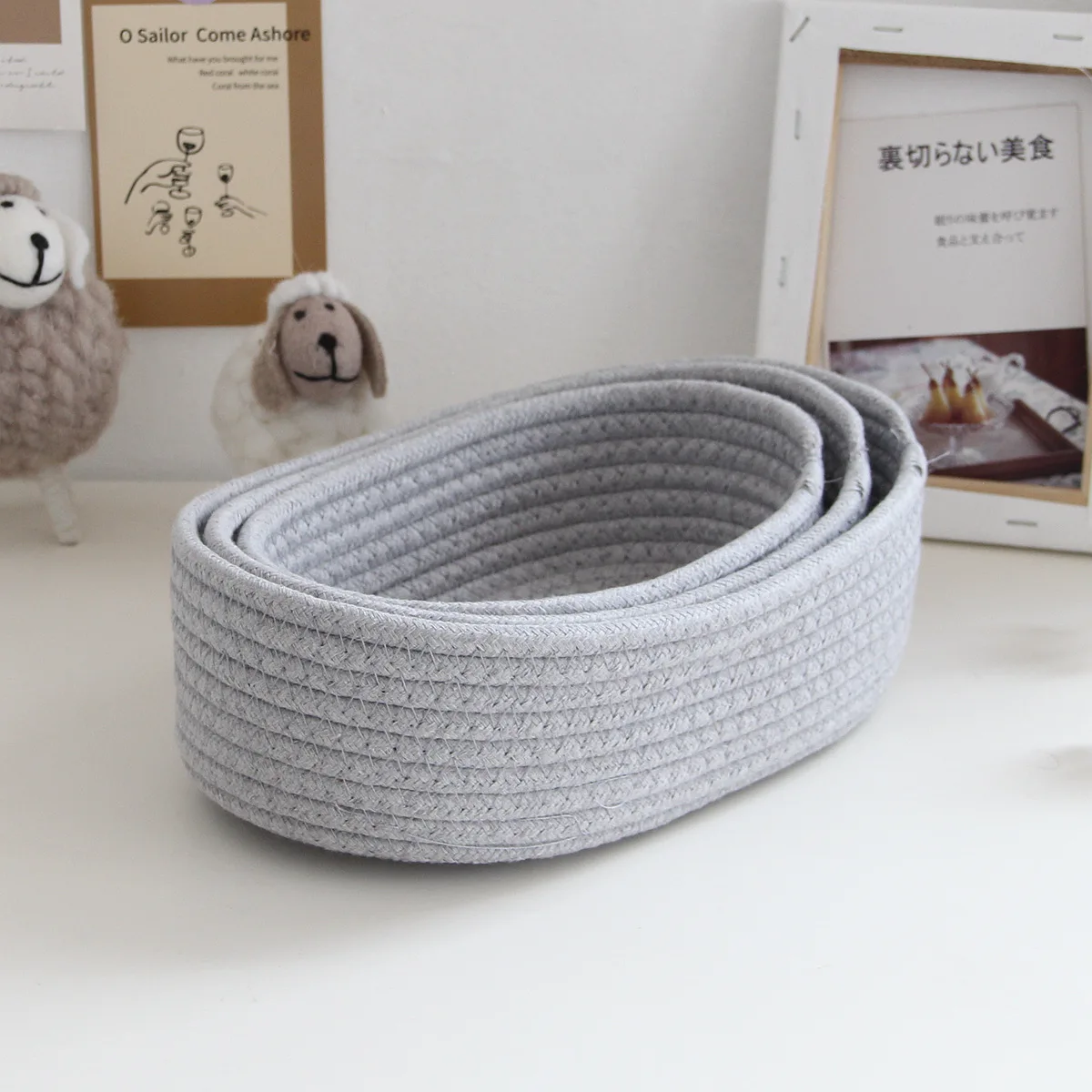 Scandinavian Cotton Rope Woven Storage Basket Oval Desktop Sundry Storage Basket Simple Cosmetic Snacks Hand-Woven Basket