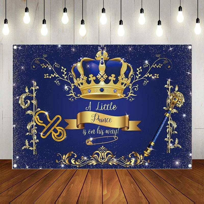 Royal Blue Boys Baby Shower Photography Backdrop Prince Crown Blue Gold A Little Prince Background Banner Decor Birthday Party