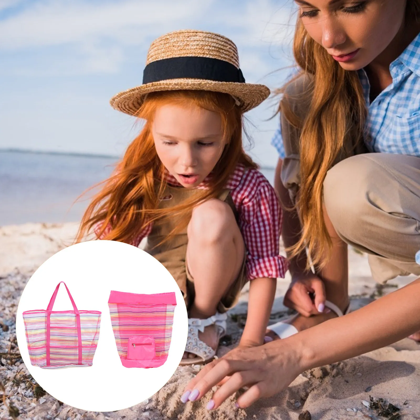 

2Pcs Adorable Kids Mesh Beach Bag Colorful Printed Pattern Seashell Collection Pouch Compact Lightweight Washable Portable