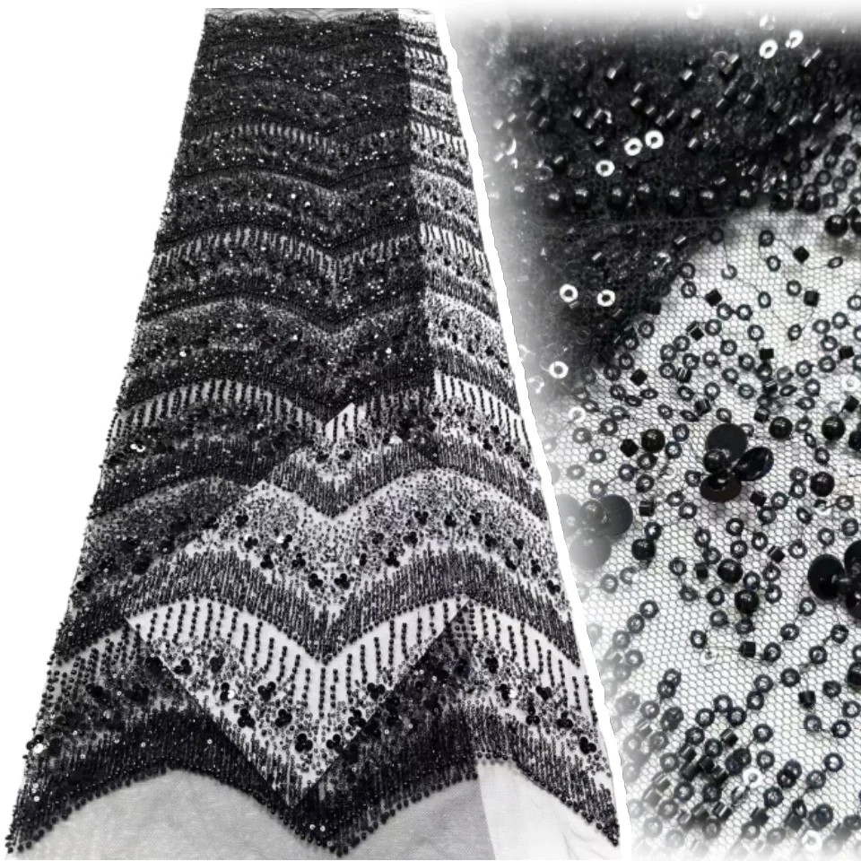 

Black Elegant African Tulle Beaded Flower Lace Fabric Sewing Sequins French Net Mesh Laces Fabrics for Wedding Dresses TP1357