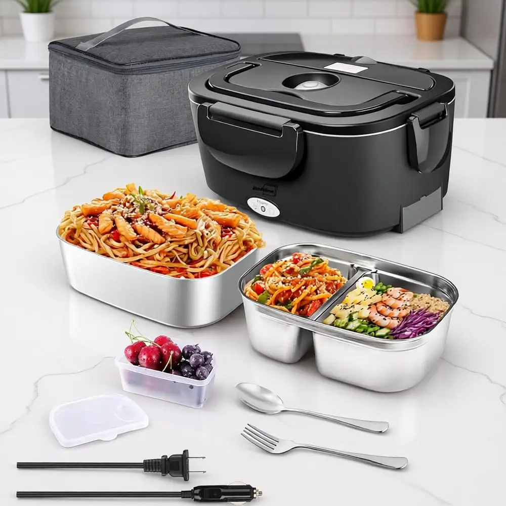 

Ланч-бокс с подогревом 80 Вт, двойной контейнер из нержавеющей стали 1,5 л, портативный подогреватель еды, 12/24/110 В для путешествий и работы