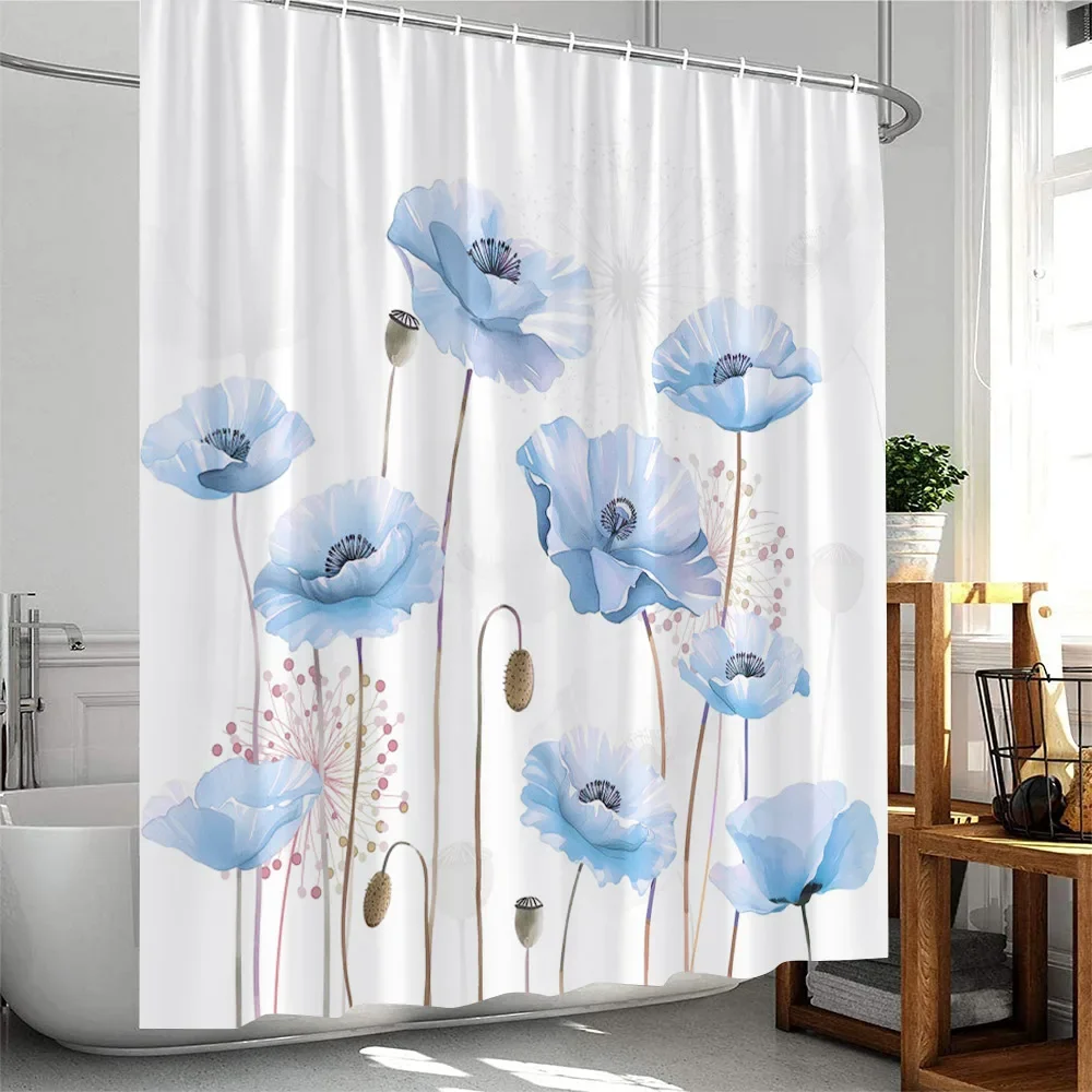 Watercolor Poppy Shower Curtain Floral Flowers Blue Red Green Plant Bathroom Decor Minmalist Polyester Bath Curtain with Hooks