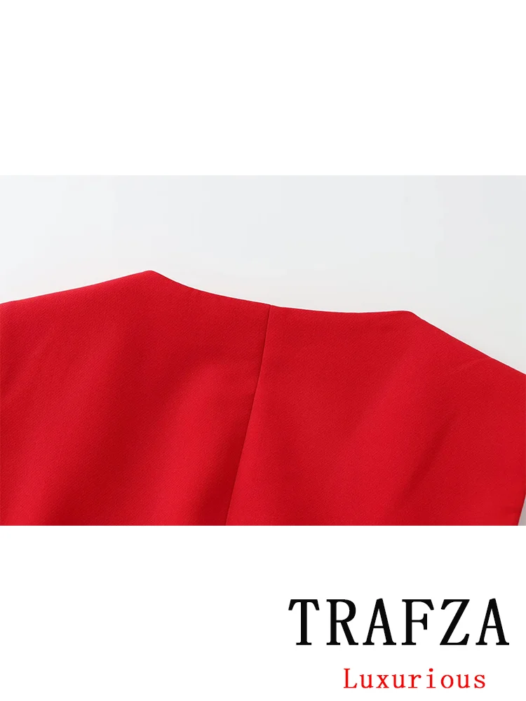 TRAFZA Vintage Office Lady Chic Red Women Suit Double Breasted Vest Straight Zipper Loose Pants New Fashion 2024 Summer Sets