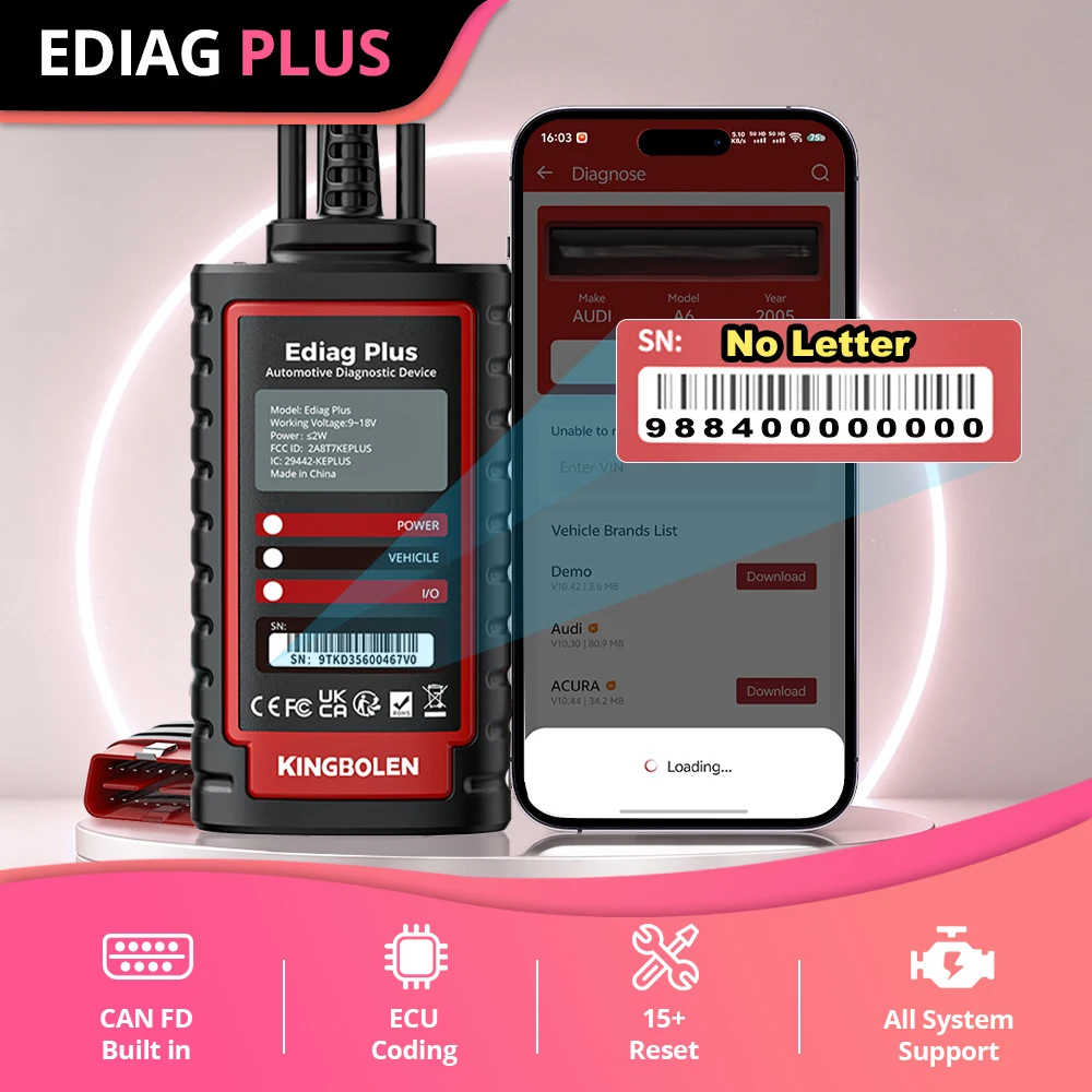 Kingbolen Ediag Plus OBD2 Bluetooth Diagnostic Tool,OBD2 Scanner Bidirectional Control Scanner All System Diagnostic Tool for iOS & Android, ECU Coding 15+ Hot Reset, CANFD Protocol, FCA AutoAuth PK Thinkdiag 2 Ediag Elite ELM327
