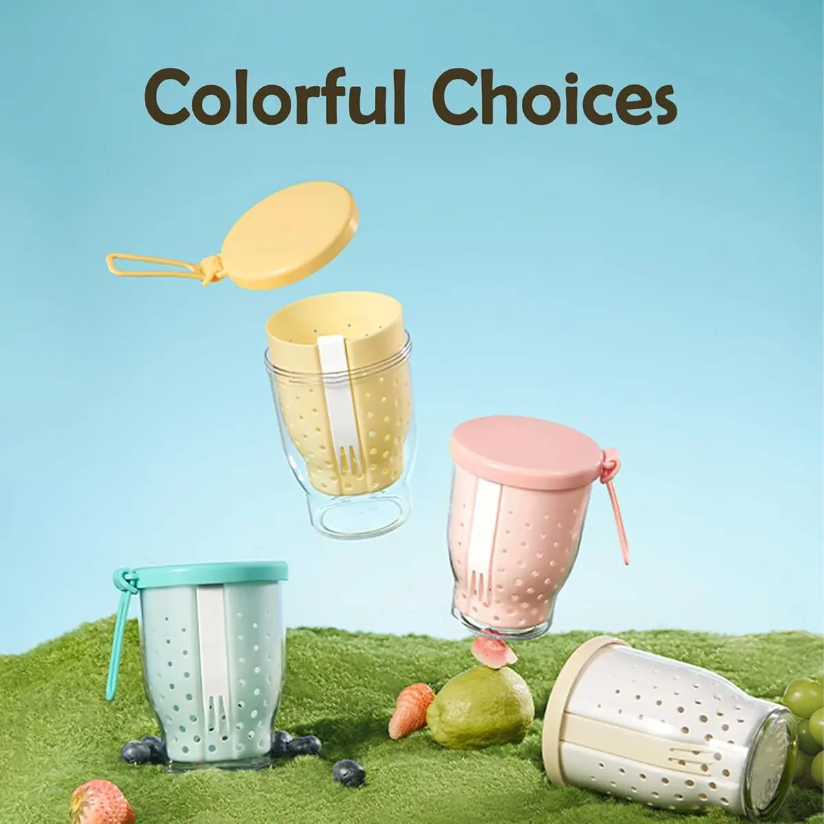 Copos de frutas de viagem de 25 onças para carro, copo de armazenamento de salada de frutas com garfo e tampas, recipientes de lanche reutilizáveis à prova de vazamentos azul