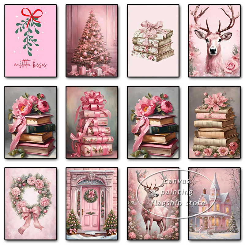 Pink Christmas Presents Wreath Reindeer Holiday Posters Prints Canvas Painting Pastel Xmas Wall Art Picture for Room Home Decor