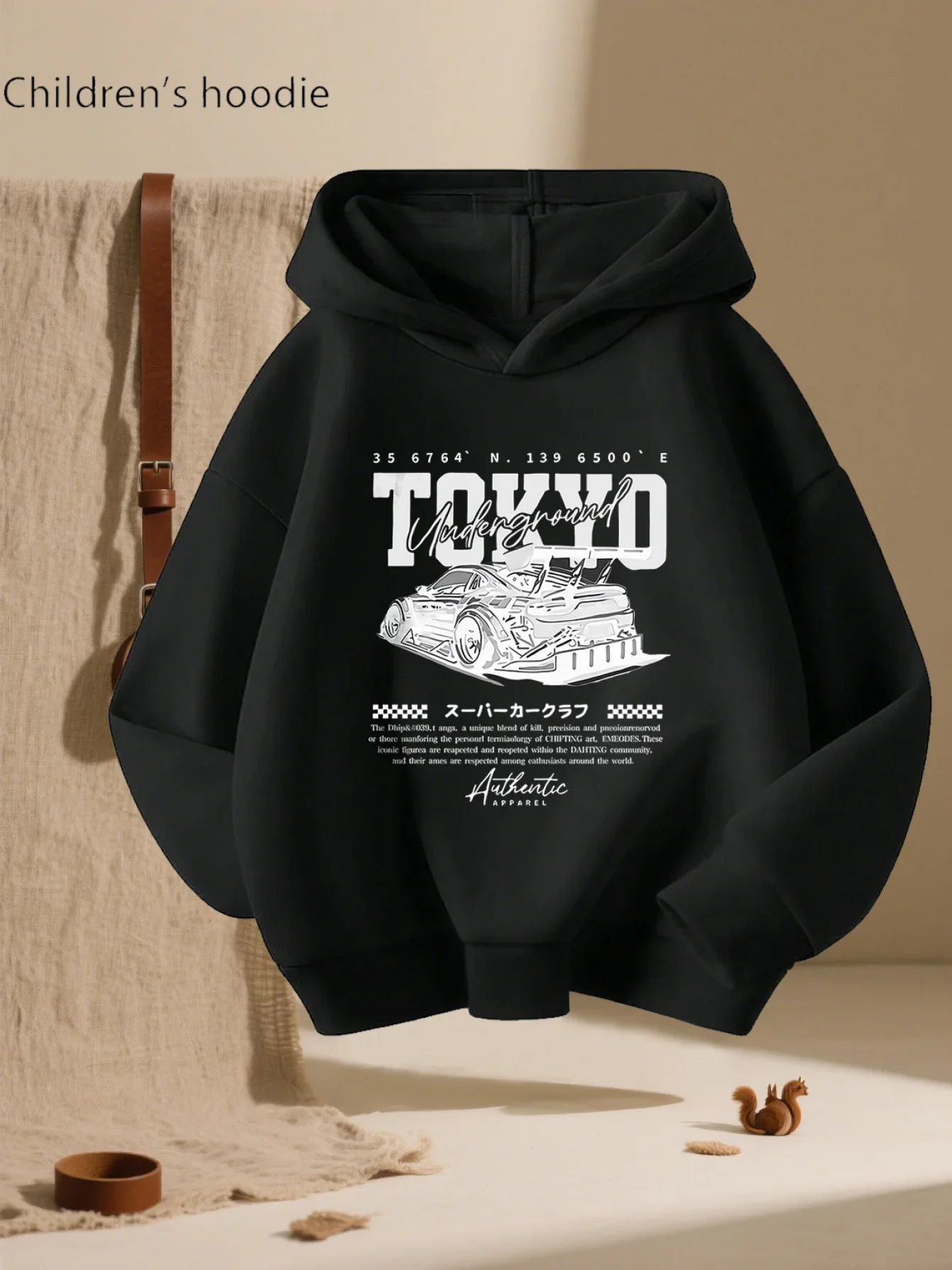 Kids Tokyo JDM Sports Car Graphic Hoodie Drift Printed Black Sweatshirt Boys Girls Racing Casual Loose Hooded Pullover Tops