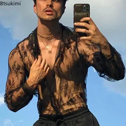 New 2026 Men's Casual Long Sleeve Shirts Black See-through Lace Top Shirts Slim Sexy Club Party Men's Sexy Shirt Hollow Out Tops