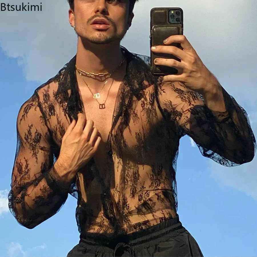 New 2025 Men's Casual Long Sleeve Shirts Black See-through Lace Top Shirts Slim Sexy Club Party Men's Sexy Shirt Hollow Out Tops