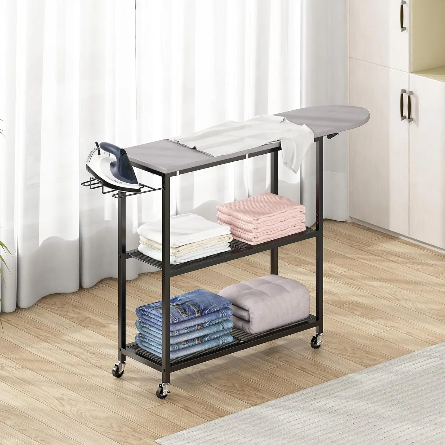 

Foldable Ironing Board with Storage Basket, Full-Size Tabletop Stand for Iron Rest & Clothes, Easy Mobility Wheels