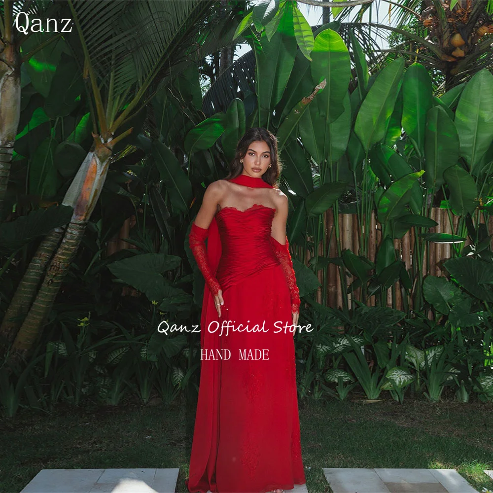 

Qanz Red Appliques Wedding Guest Dresses Luxury 2026 Chiffon Long A Line Ribbon Prom Dress Women Robes De Soirée Customized
