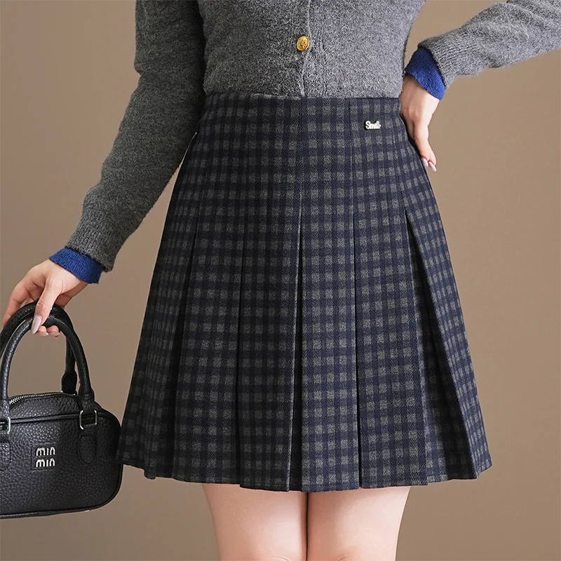 

Юбка-трапеция с высокой талией, женская осенне-зимняя шерстяная клетчатая плиссированная утягивающая юбка, закрывающая бедра