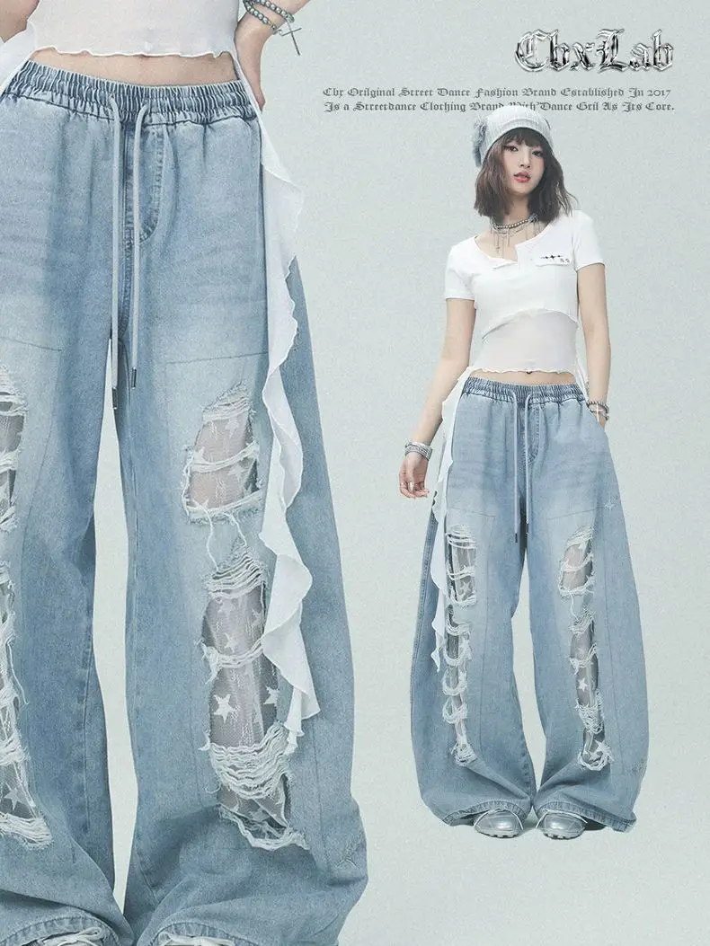 

Summer new American style likes blue denim patch ripped dancing trousers loose scimitar leggings