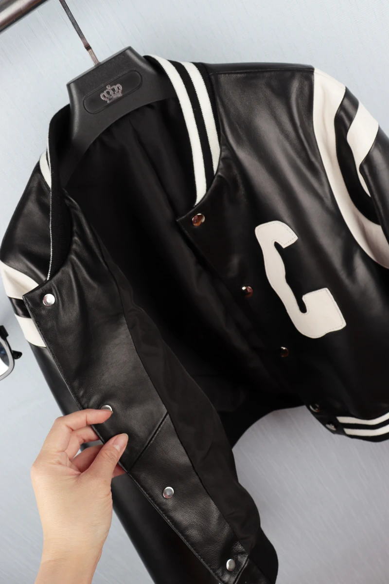 Genuine Leather Baseball Uniform Jacket Women Spring New Retro Contrast Color Stand-up Collar Sports Casual Real Sheepskin Coat