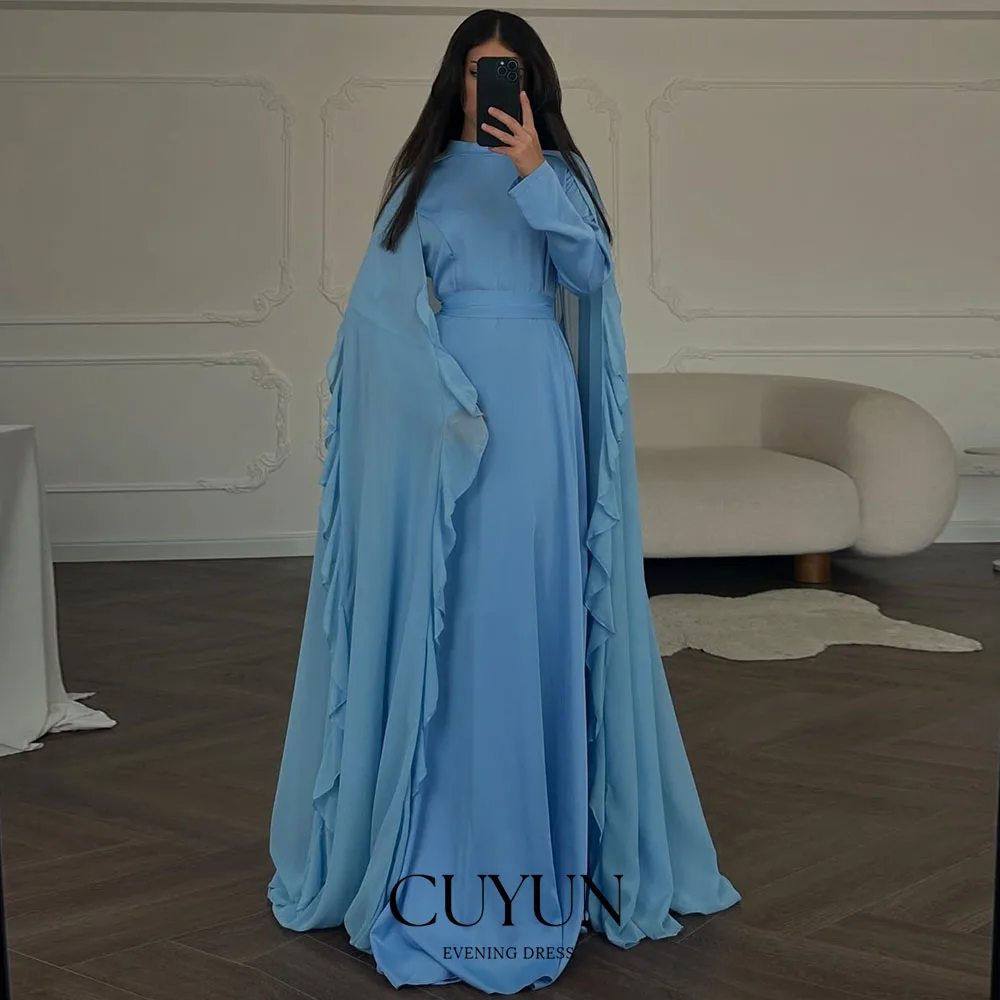 

CUYUN Blue Cape Sleeves Ruffled Evening Gown A Line Modest Saudi Prom Dresses Customized Elegant Women Wedding Party Dresses
