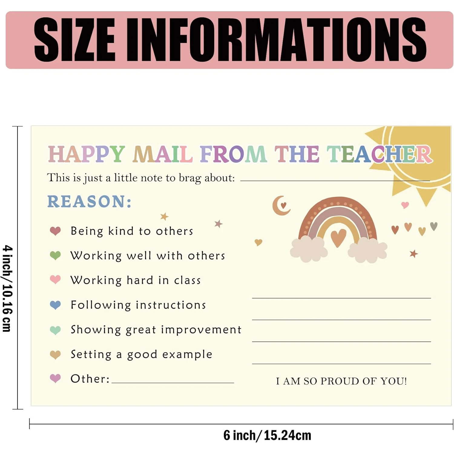 Sunshine Rainbow Happy Mail Teacher Notes to Parents Classroom Good Behavior Incentive Motivational Cards 20pcs