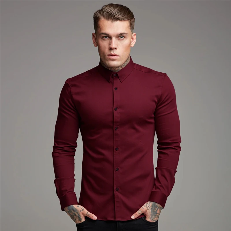 Autumn Fashion Long Sleeve Shirt Mens Spring Super Slim Fit Casual Social Business Dress Shirt Men Gym Fitness Sports Clothing