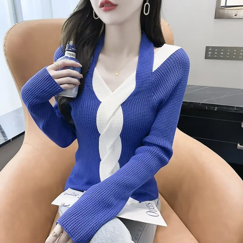 

Autumn Winter New Sexy Off the Shoulder Halter Sweater Ladies Slim Casual Fashion Patchwork Knitting Pullover Top Women Jumpers