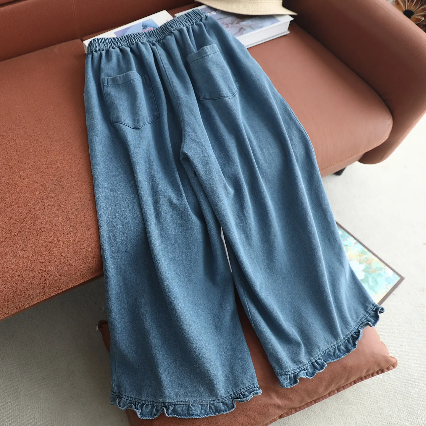 Japanese Vintage Mori Girl Floral Embroidery Hem Denim Wide Leg Pants Women Spring Elastic Waist Casual Loose Straight Jeans