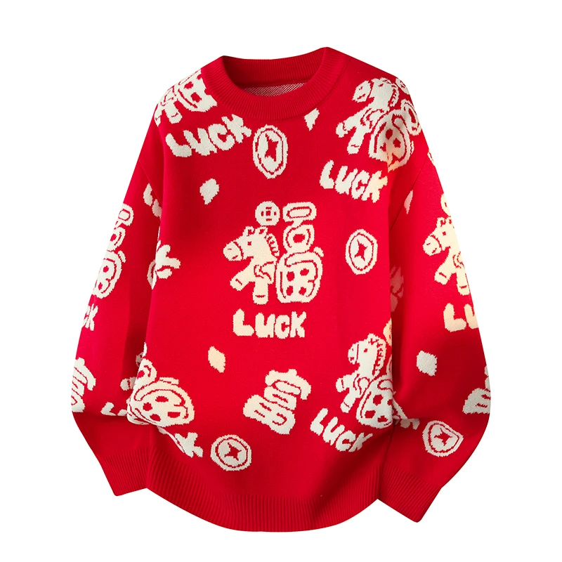 

Красный новогодний вязаный свитер мужской, свободный, толстый, теплый, для ношения под одеждой, повседневный стиль, из полиэфирного волокна, с длинным рукавом, круглым вырезом, модный