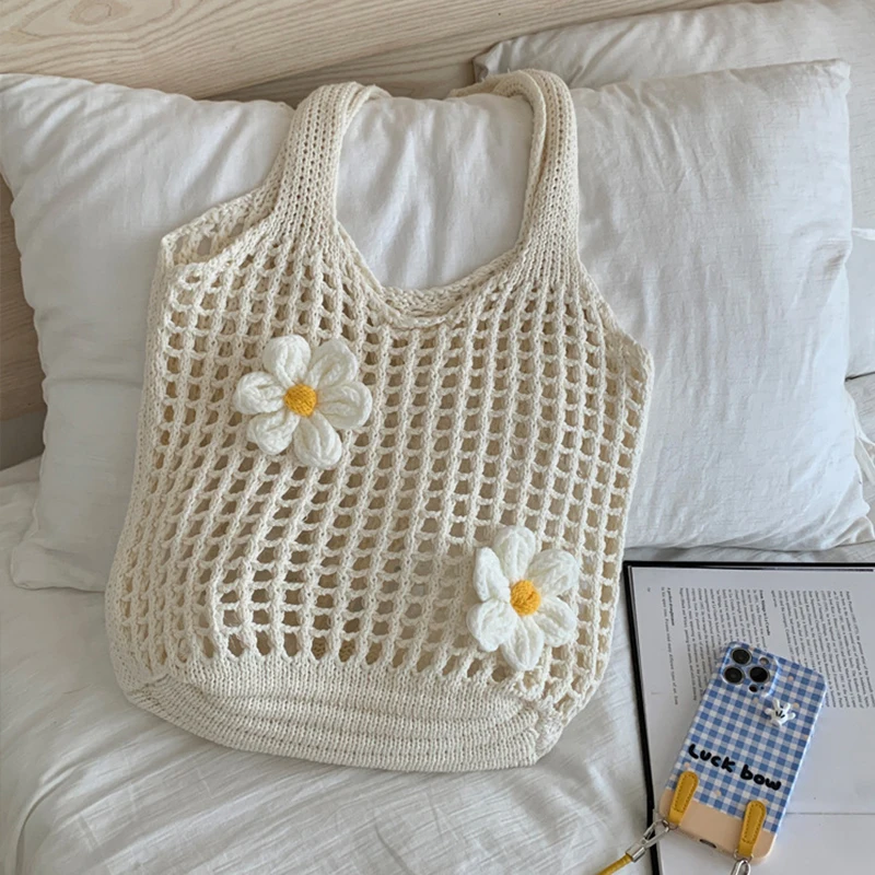 Einfarbige Häkel-Einkaufstasche für Damen mit großem Fassungsvermögen, gestricktes Hohldesign, modische Strand-Einkaufstasche für Reisen und Urlaub