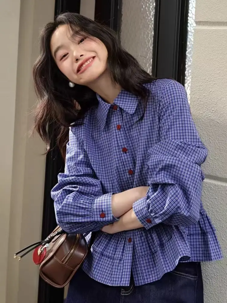 

Retro American Blue Plaid Shirt Women's Long Sleeve Spring Summer Design Sensation Small Size Gathers Trendy Blouse