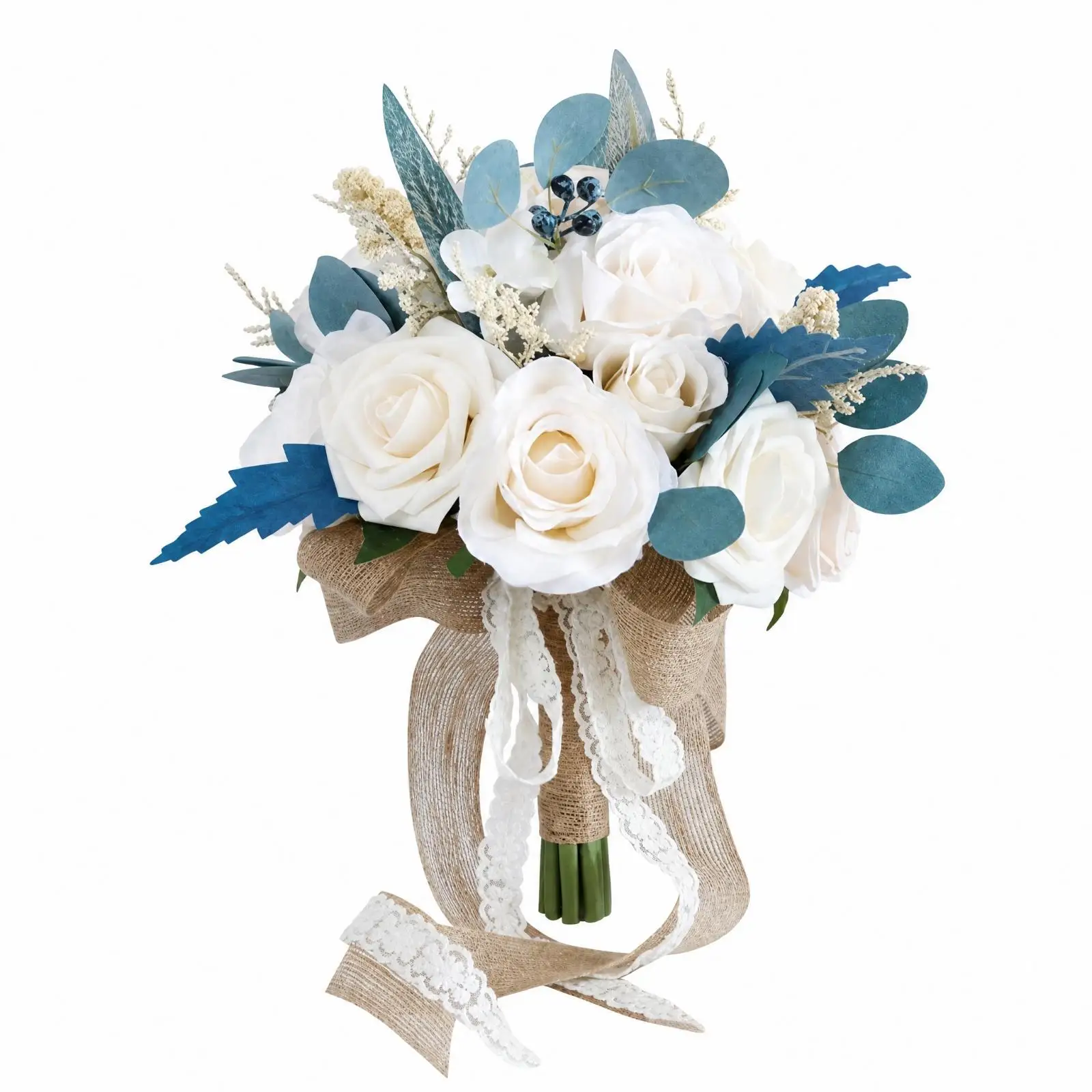 lightweight-artificial-bridal-bouquet-silk-flowers-blue-accents-green-leaves-for-wedding-photography-home-decor-tied-handle-with