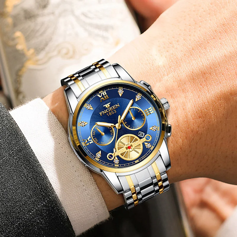 FNGEEN Men\'s Watches Top Luxury Brand Fashion Quartz Men Watch Waterproof Gold Steel Business Wristwatch Business Reloj Hombre