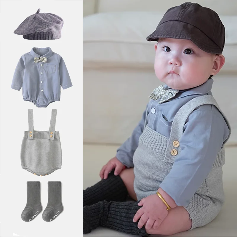 Newborn Baby Romper + Knitting Overalls + Hat + Socks 4pcs Clothing Set Spring Autumn Boy Infant Toddler Jumpsuit Clothes