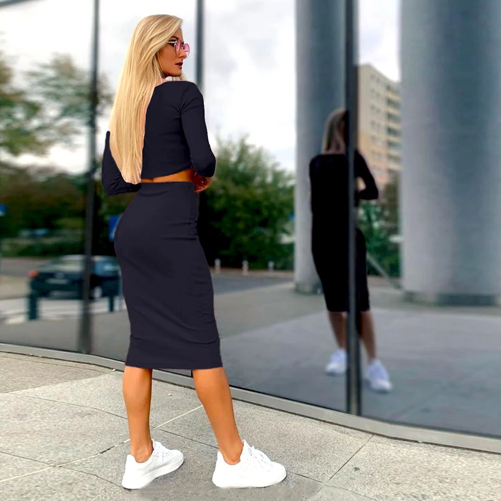 Sexy Navel short top + pencil skirt two-piece suit fashion party nightclub bodycon Sets 2021 autumn winter office Ladies Outfit