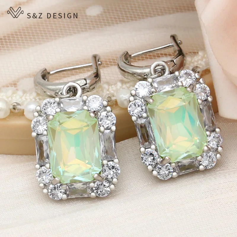 S&Z DESIGN New Fashion Rectangle Crystal Dangle Earrings For Women 585 Rose Gold Color Wedding Jewelry Cubic Zirconia Eardrop